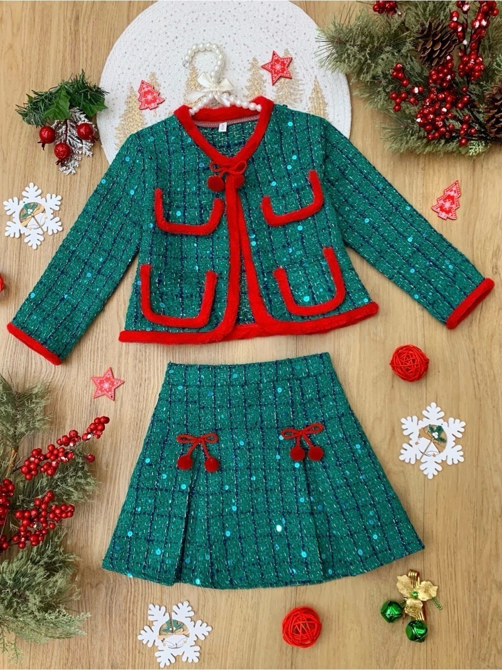 Mia Belle Girls Green Sequin Tweed Two-Piece Set Red Trim 2T NWT